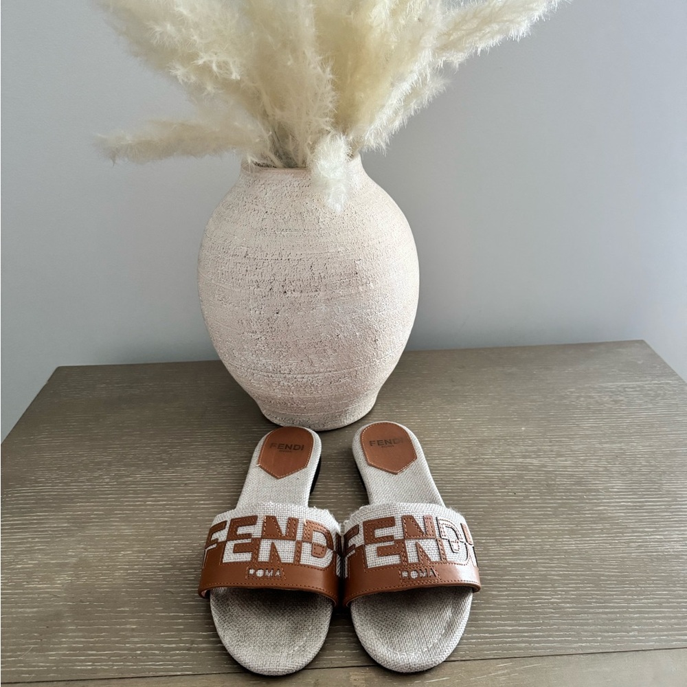 Fendi Tan and White Logo Slides